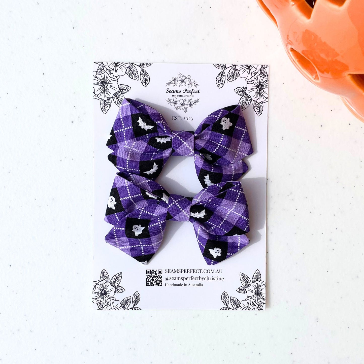 HALLOWEEN GHOST PURPLE PLAID HAIR BOW (Pack of 2)