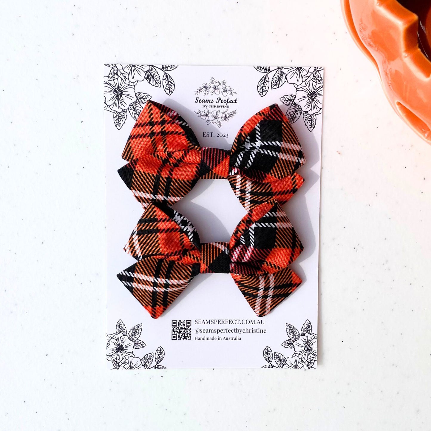 HALLOWEEN ORANGE PLAID HAIR BOW (Pack of 2)